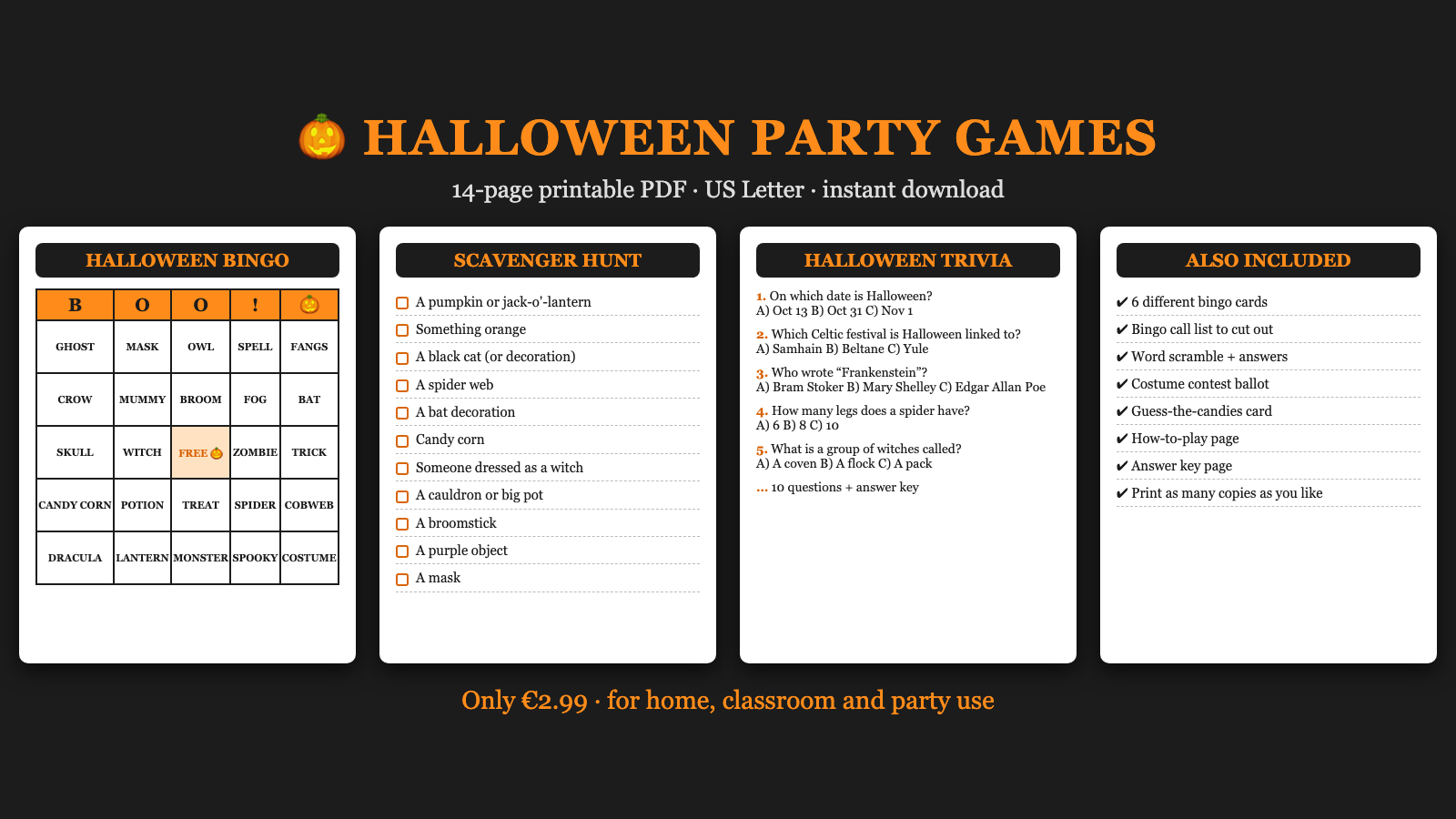 Printable Halloween party games pack preview
