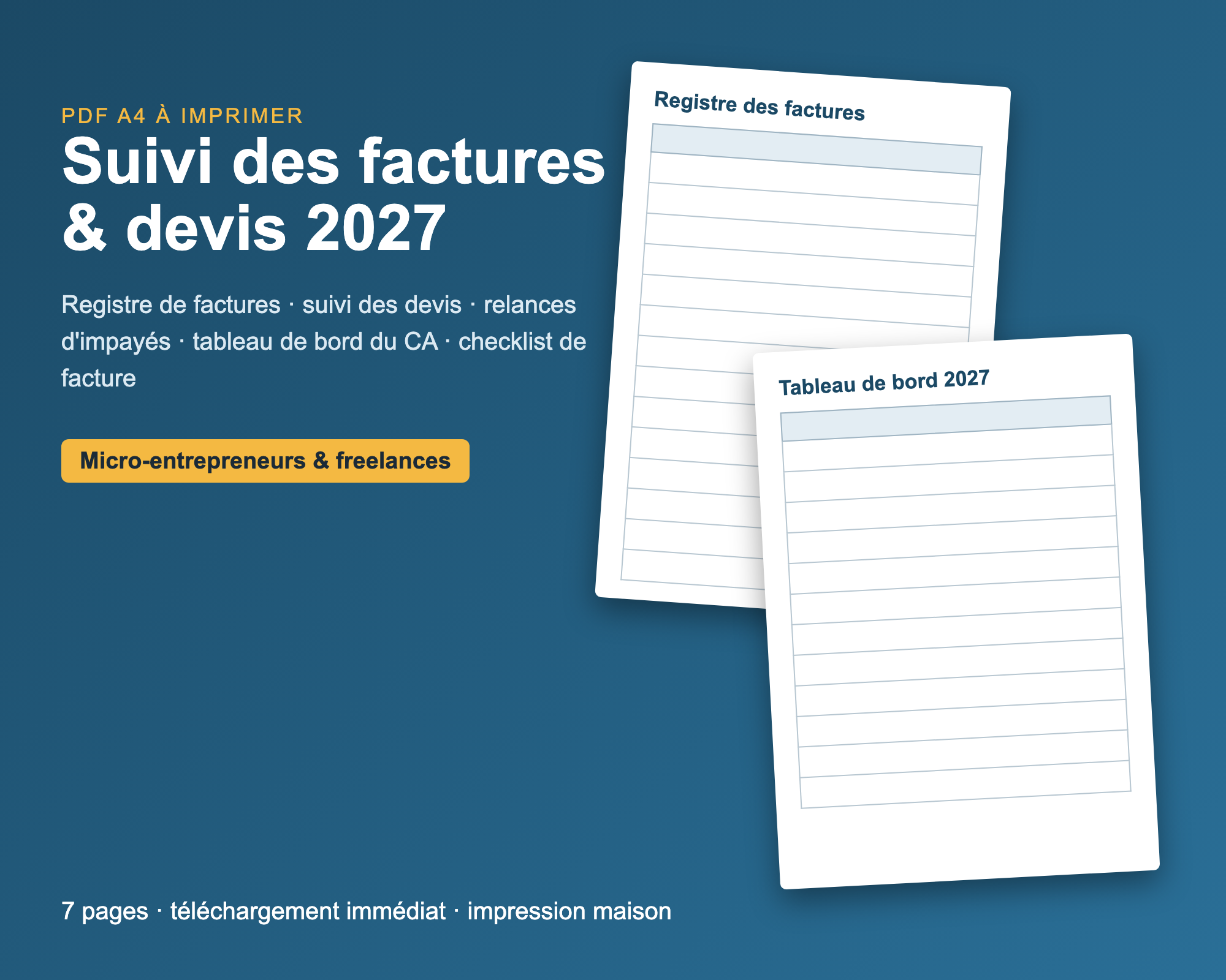 Aperçu du registre de factures à imprimer, pages de suivi des factures et des paiements